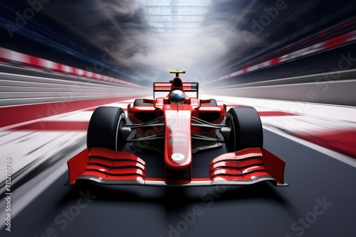 A vibrant red race car zooms through a tunnel, showcasing its incredible speed and agility, Formula one race car crossing finish line on sports track, AI Generated