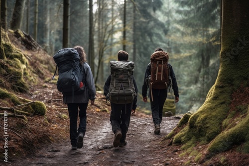Three individuals hiking through the woods, carrying backpacks on a picturesque trail, Friends hiking with backpacks and hiking poles on remote trail in woods, AI Generated