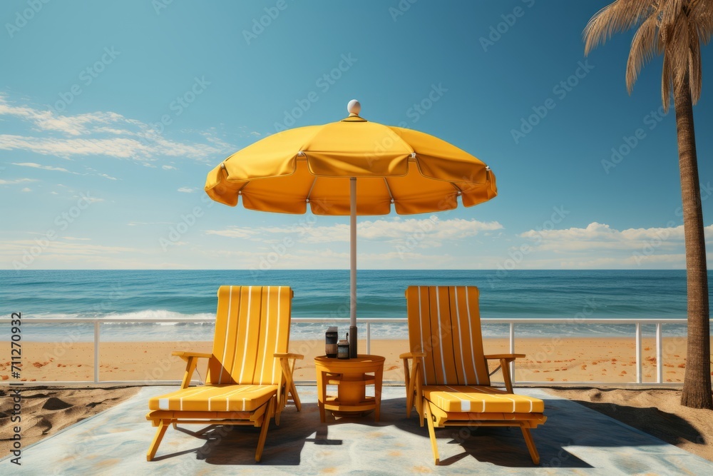 Beachfront Retreat with Yellow Lounge Chairs and Umbrella, on an isolated Sunburst Yellow background, Generative AI