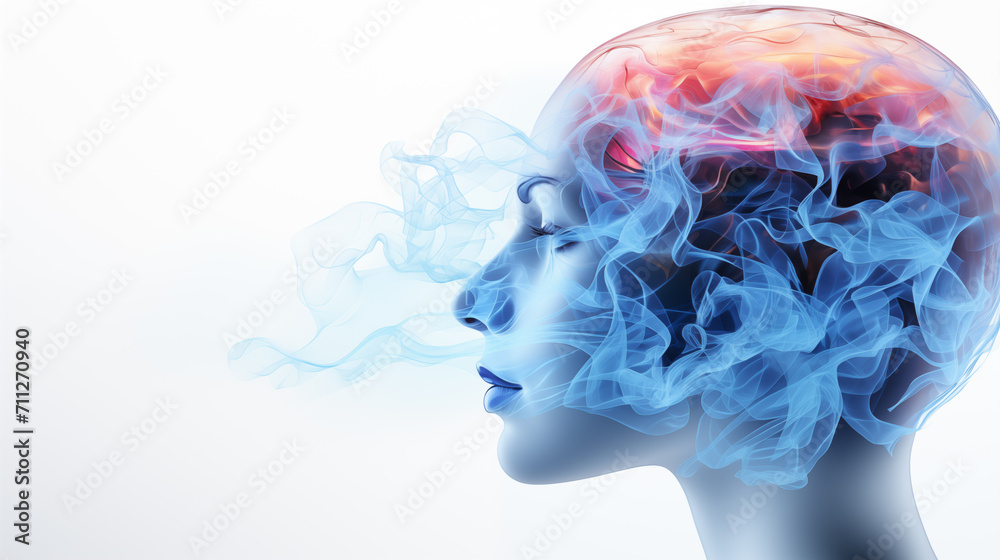 Human head with abstract blue brain on white background with copy space, creative concept. Human head with abstract blue brain on white background with copy space, creative concept.