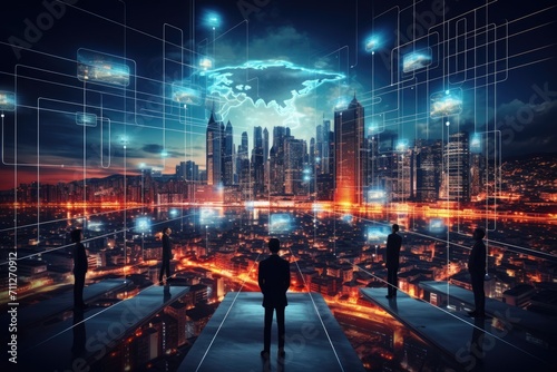 A lone man stands in front of a sprawling cityscape illuminated by the night sky  Futuristic depiction of global data exchange  AI Generated