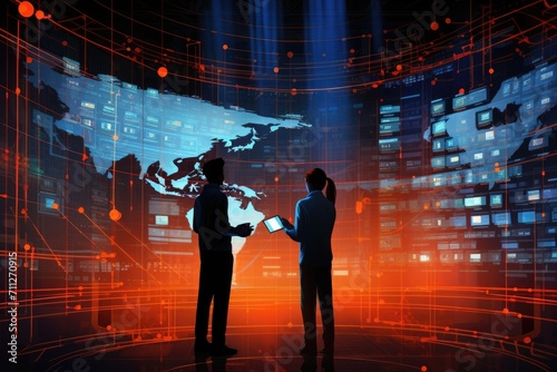 Two people stand together in front of a world map, looking at it intently, Futuristic depiction of global data exchange, AI Generated