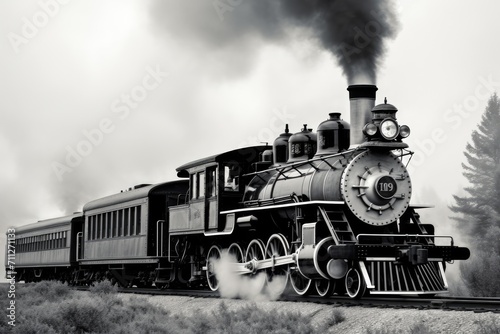This captivating black and white photo showcases the raw power and grace of a steam engine train during its operation, Black and white picture of a steam locomotive from the 1860s, AI Generated