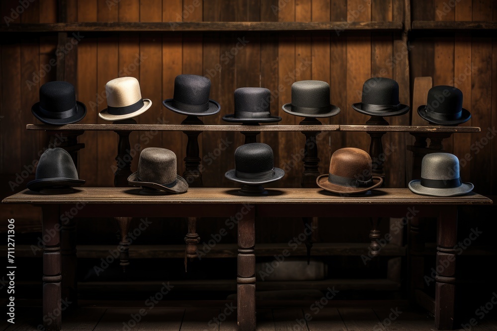 A collection of various hats arranged neatly on a wooden table, showcasing an assortment of fashionable headgear options, Bowler hats on an old wooden rack, AI Generated A collection of various hats arranged neatly on a wooden table, showcasing an assortment of fashionable headgear options, Bowler hats on an old wooden rack, AI Generated