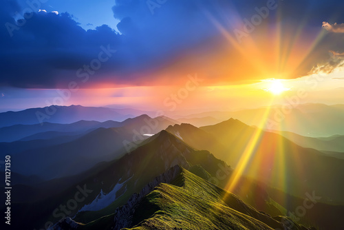 mountain landscape at sunset with sun, AI generated