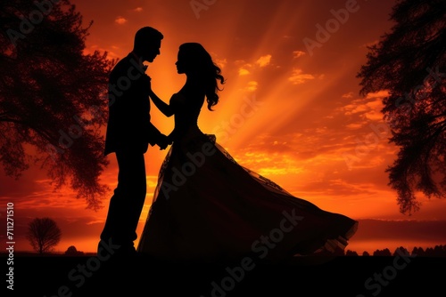 A beautiful silhouette of a bride and groom standing in front of a captivating sunset, Bride and groom silhouettes against a vibrant sunset, AI Generated
