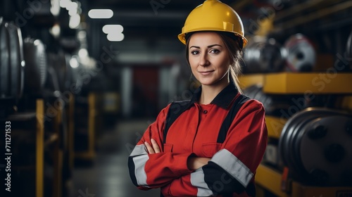 Portrait of female industry maintenance engineer in uniform and hard hat at factory station © Ameer