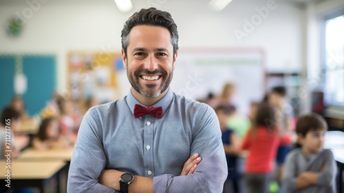 Happy male educator teaching in a classroom with diverse elementary school students photo