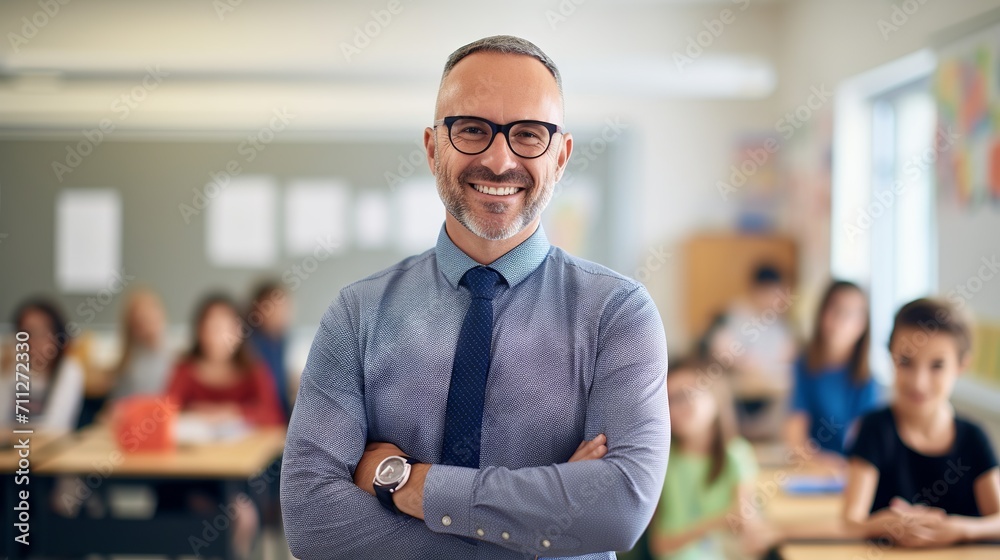 Fototapeta premium Happy male teacher with diverse students in elementary school classroom posing for camera