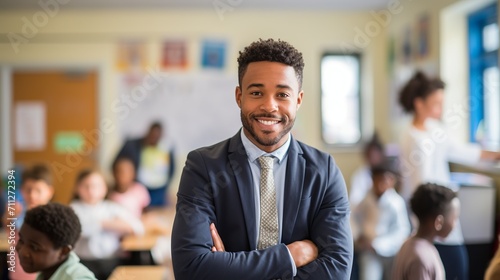 Portrait of happy male educator teaching diverse group of children at primary school