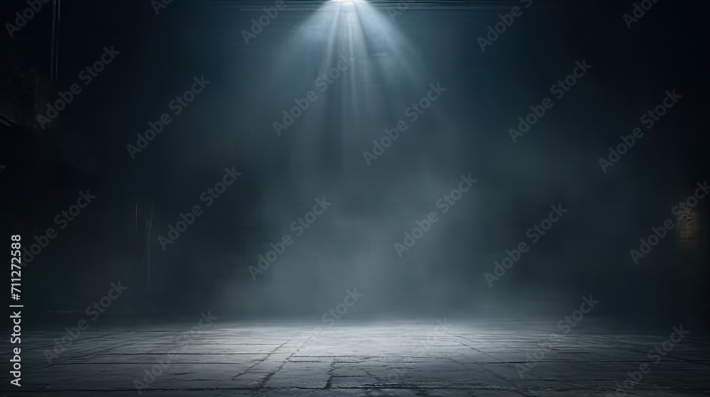A dark room with a concrete floor and a spotlight. Suitable for dramatic or mysterious themed designs, theater and event promotion, and creative storytelling visuals. empty dark blue room - obrazy, fototapety, plakaty 