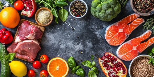 Background healthy food. Fresh fruits, vegetables, meat and fish on table. Eating for healthy heart. Healthy food, diet and healthy life concept. Top view, copy space photo