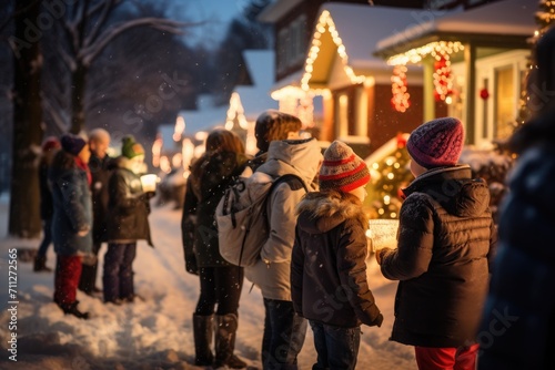 A gathering of individuals standing together on a street covered in snow, Children and adults caroling in a snowy neighborhood for Christmas, AI Generated