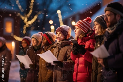A joyful group of children singing heartily as snowflakes fall around them, Children and adults caroling in a snowy neighborhood for Christmas, AI Generated