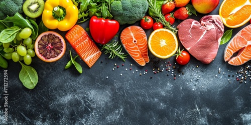 Background healthy food. Fresh fruits, vegetables, meat and fish on table. Eating for healthy heart. Healthy food, diet and healthy life concept. Top view, copy space photo