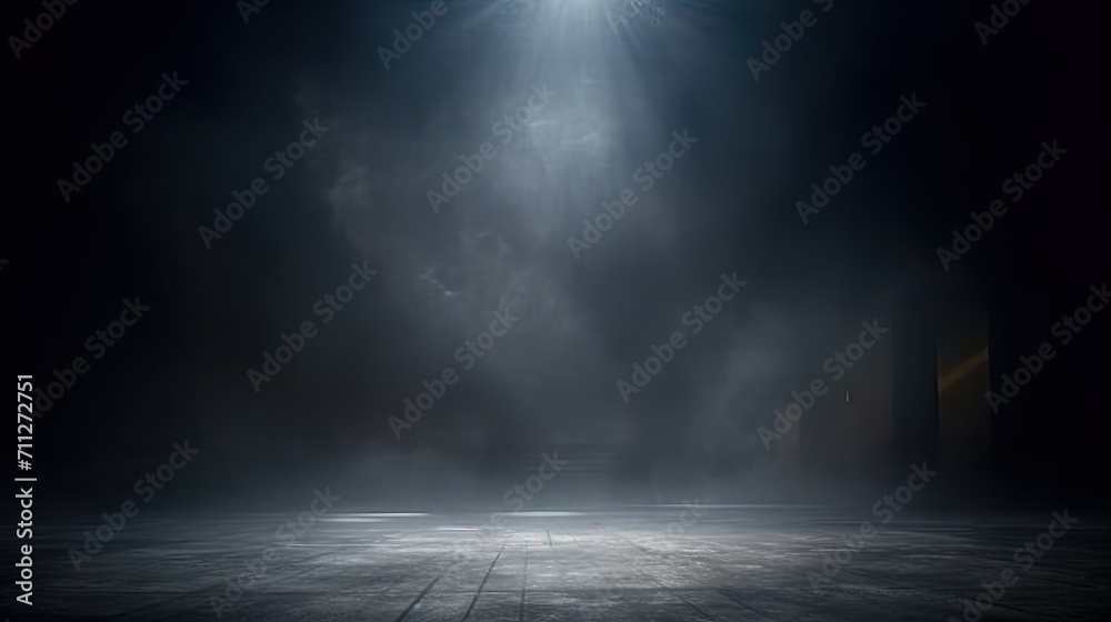 A dark room with a concrete floor and a spotlight. Suitable for dramatic or mysterious themed designs, theater and event promotion, and creative storytelling visuals. empty dark blue room - obrazy, fototapety, plakaty 