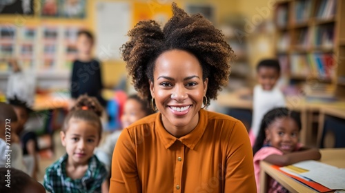Portrait of happy female educator teaching diverse group of children at primary school
