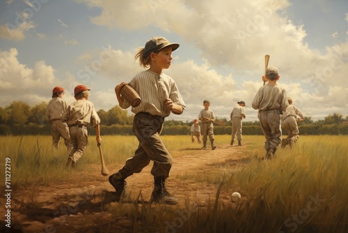 An expressive painting depicting a young boy confidently holding a baseball bat with determination, Children playing baseball in an open field, AI Generated photo