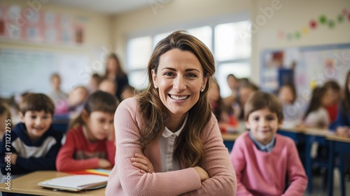 Portrait of happy female teacher with diverse group of students in elementary school classroom photo