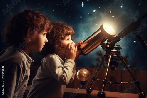 Two children peer through a telescope, gazing amazedly at the stars in the night sky, Children using a telescope to learn about the universe, AI Generated photo