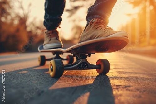 Close-up view of a person riding a skateboard on the street. Freedom and youthfulness mood.