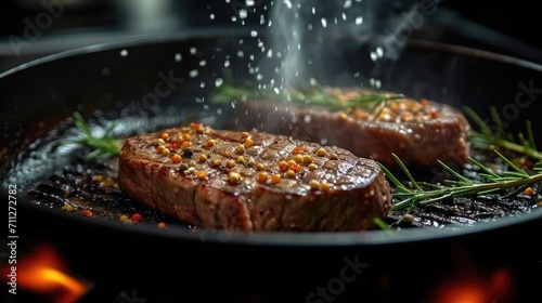 Steak in a frying pan on a black background, Fire, Seasonings are poured on top in the form of small particles. Generative AI.