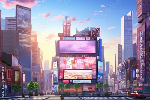 Digital Painting of City With Billboards, Urban Landscape Artwork Showcase Advertising Landmarks and Nightlife, Cityscape with billboard advertising a start-up, AI Generated