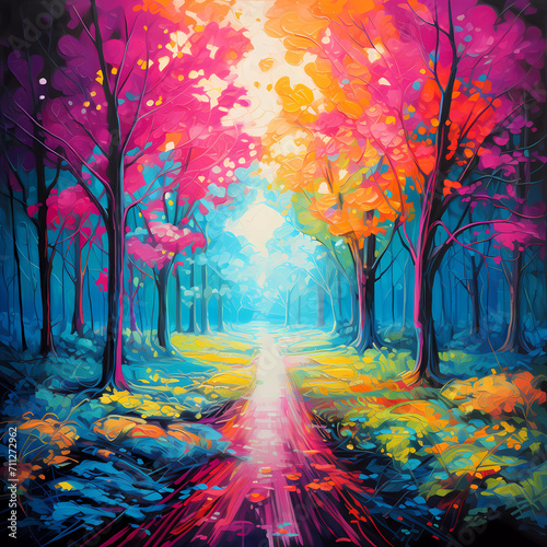 painting of trees in the forest  beautiful scenery with joyful celebration of nature  pink  orange  magenta colors  hard-edge painting  broad strokes oil painting. Vibrant color of oil painting image.