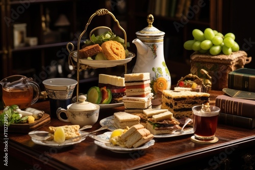 An inviting table filled with a variety of delicious food plates and steaming cups of tea, Classic English afternoon tea with sandwiches and pastries, AI Generated