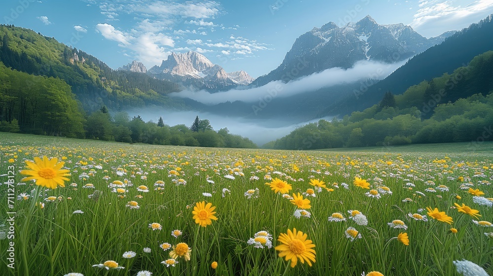 Beautiful spring mountains with meadow at morning. Generative AI.