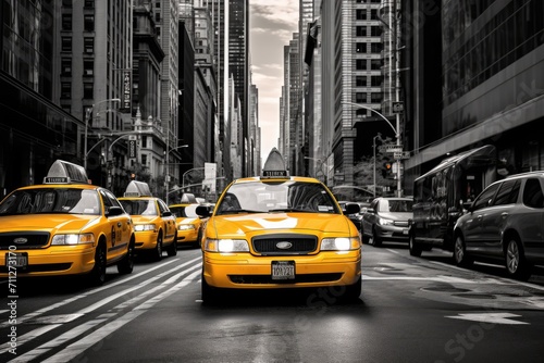 A congested city street with numerous vehicles jammed in heavy traffic, Classic yellow taxi cabs in the busy streets of Manhattan, AI Generated © Iftikhar alam