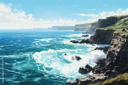 Painting of Rocky Cliff Overlooking Ocean, Majestic Nature Landscape Artwork, Cliffs overlooking a turquoise sea with white, frothy waves crashing, AI Generated