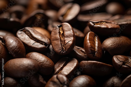 A heap of perfectly roasted coffee beans, offering a rich and aromatic start to your day, Close-up detail of an organic coffee bean, AI Generated