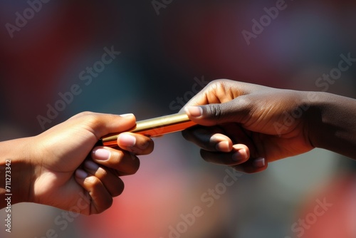A close-up image showing one person handing an object to another person, Close-up of a baton pass in a relay race, AI Generated photo