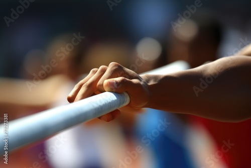 A close up view of a persons hand firmly gripping a bar, showcasing their strength and determination in fitness training, Close-up of a baton pass in a relay race, AI Generated