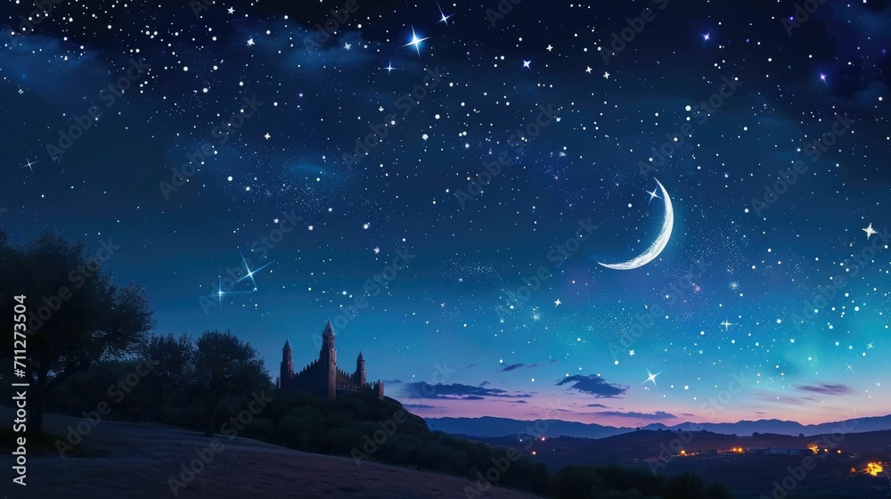 Fototapeta premium Spiritual Serenade - Ramadan Night Sky with Beautiful Moon and Starry Constellations