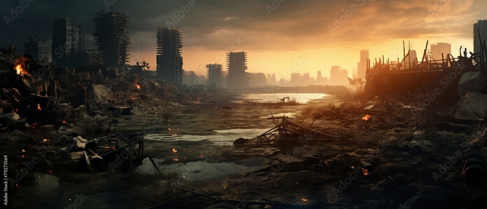Post-apocalyptic cityscape: A view of the destroyed buildings, burning rubble, and polluted environment in a dystopian world Post-apocalyptic cityscape: A view of the destroyed buildings, burning rubble, and polluted environment in a dystopian world