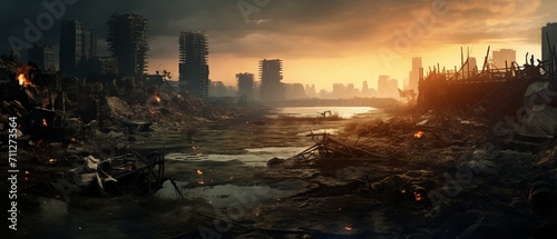 Post-apocalyptic cityscape: A view of the destroyed buildings, burning rubble, and polluted environment in a dystopian world