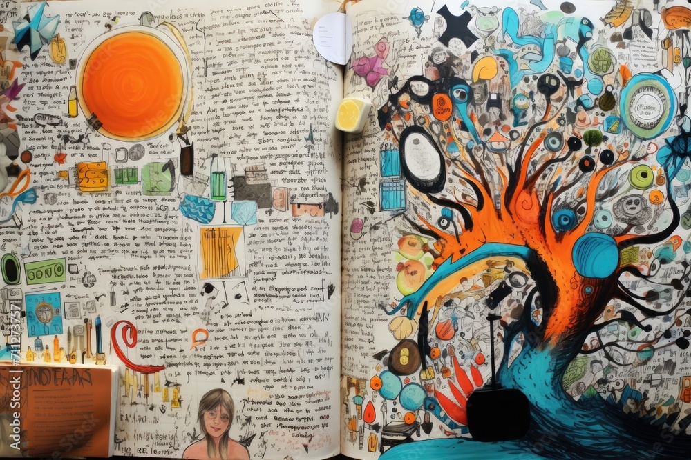Obraz premium A captivating image featuring an open book showcasing a hand-drawn tree, serving as an engaging educational tool, Close-up of a student's notes filled with doodles and information, AI Generated
