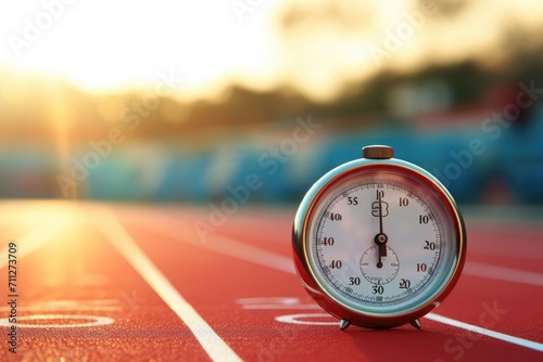 A detailed close-up shot of a clock placed on a running track, Close-up of a stopwatch indicating the finish of a race, AI Generated photo
