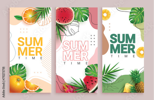 Summer time vector poster set design. Summer time text with orange, watermelon, dragon fruit and pineapple tropical fruits elements. Vector illustration summer time greeting postcard. 
