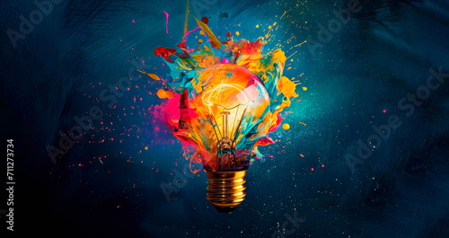 Creative light bulb explodes with colorful paint splashes. Brainstorming concept. Banner photo