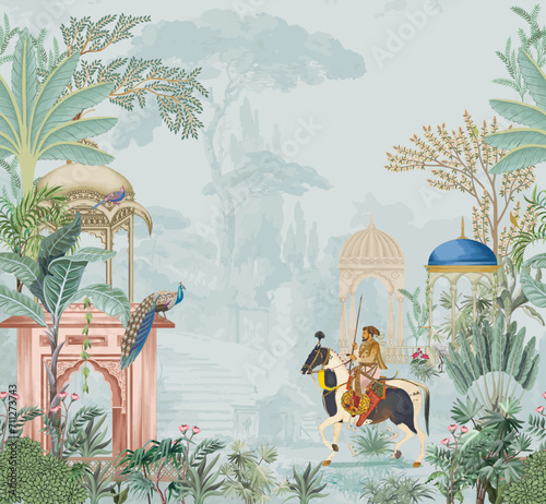Traditional Mughal emperor riding horse in a garden vector illustration pattern for wallpaper photo