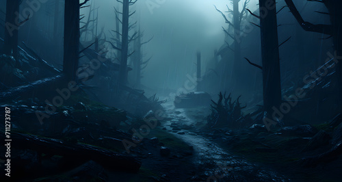 a dirt path going down a dark fogy wooded area © Daniel