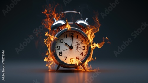 Time concept. Old vintage alarm clock burning in fire on dark background.