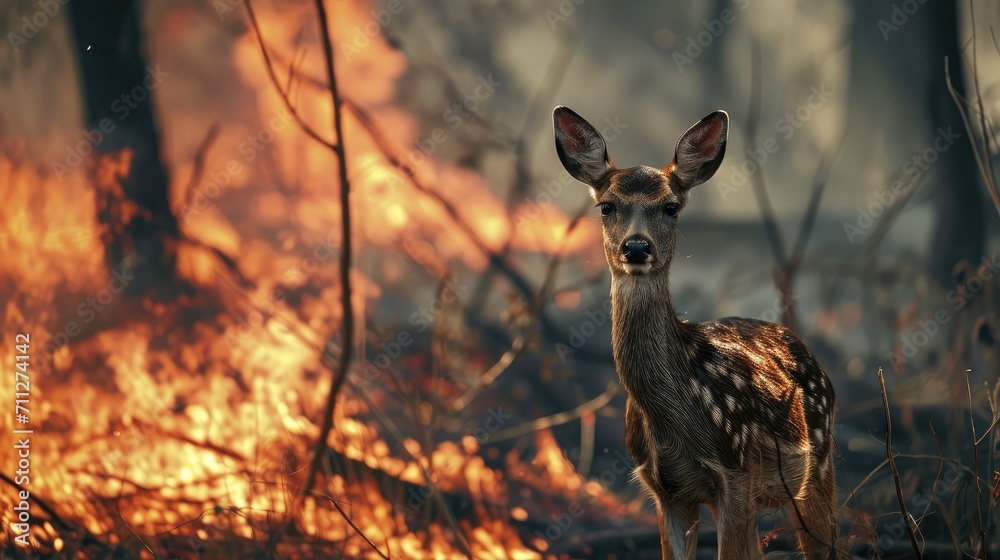 Whitetail deer fawn in the forest during the fire. Wildfire Control Concept