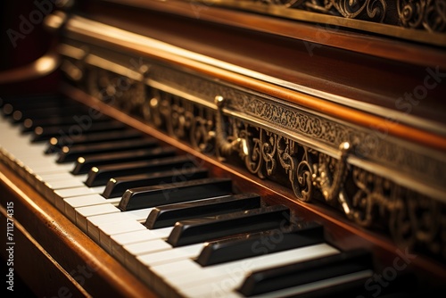A detailed view of a piano keyboard showcasing a multitude of keys, Close-up of the keys on an antique piano, AI Generated © Iftikhar alam
