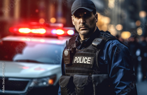 Portrait of a police officer standing from behind at night with a parked police car in the background