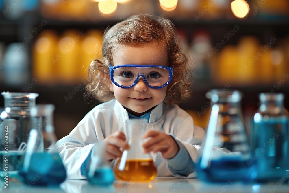 Baby in laboratory outfit doing chemical reactions. Generative AI.
