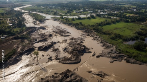 From the vantage point of the sky, see the widespread destruction caused by a river bursting its banks.